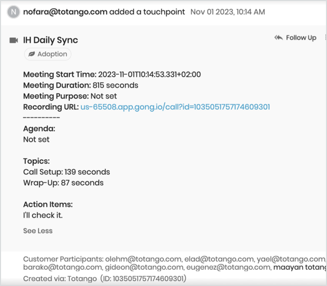 Configure a Gong integration Totango